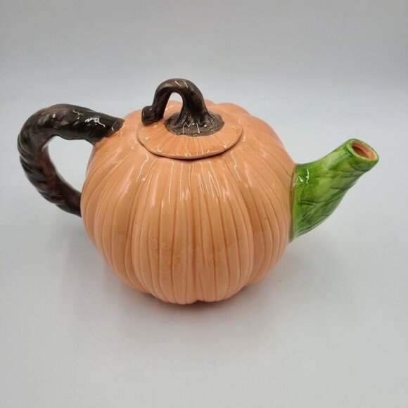 Halloween Autumn Pumpkin Teapot Orange Lid Green Spout 5" Tall - Picture 2 of 4
